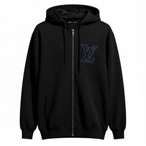 LouisVuitton Black Zip Cardigan Hoodie with Embroidered blue LV Logo
